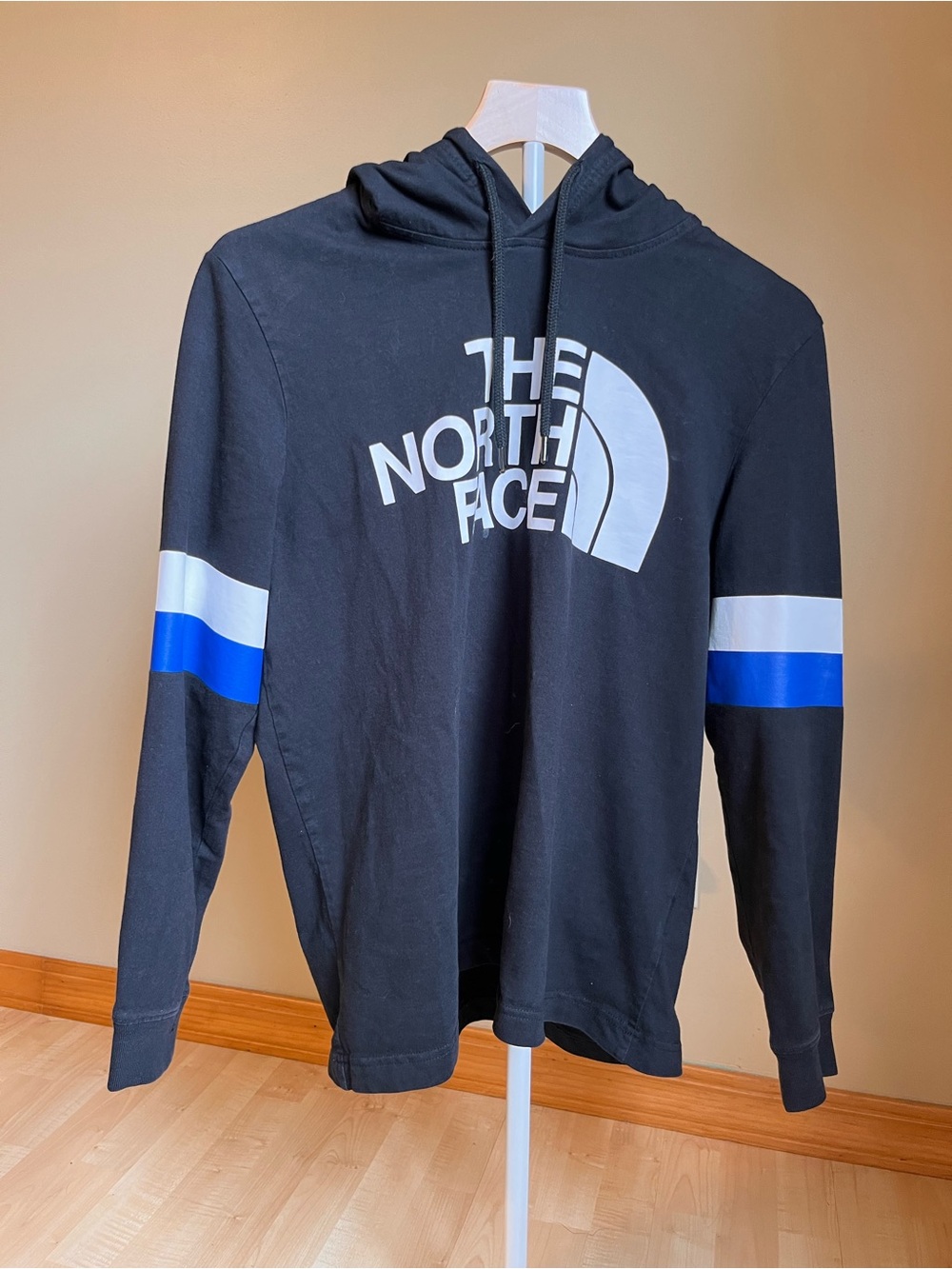 The North Face Black Hoodie with White Logo and Blue Sleeve Bands